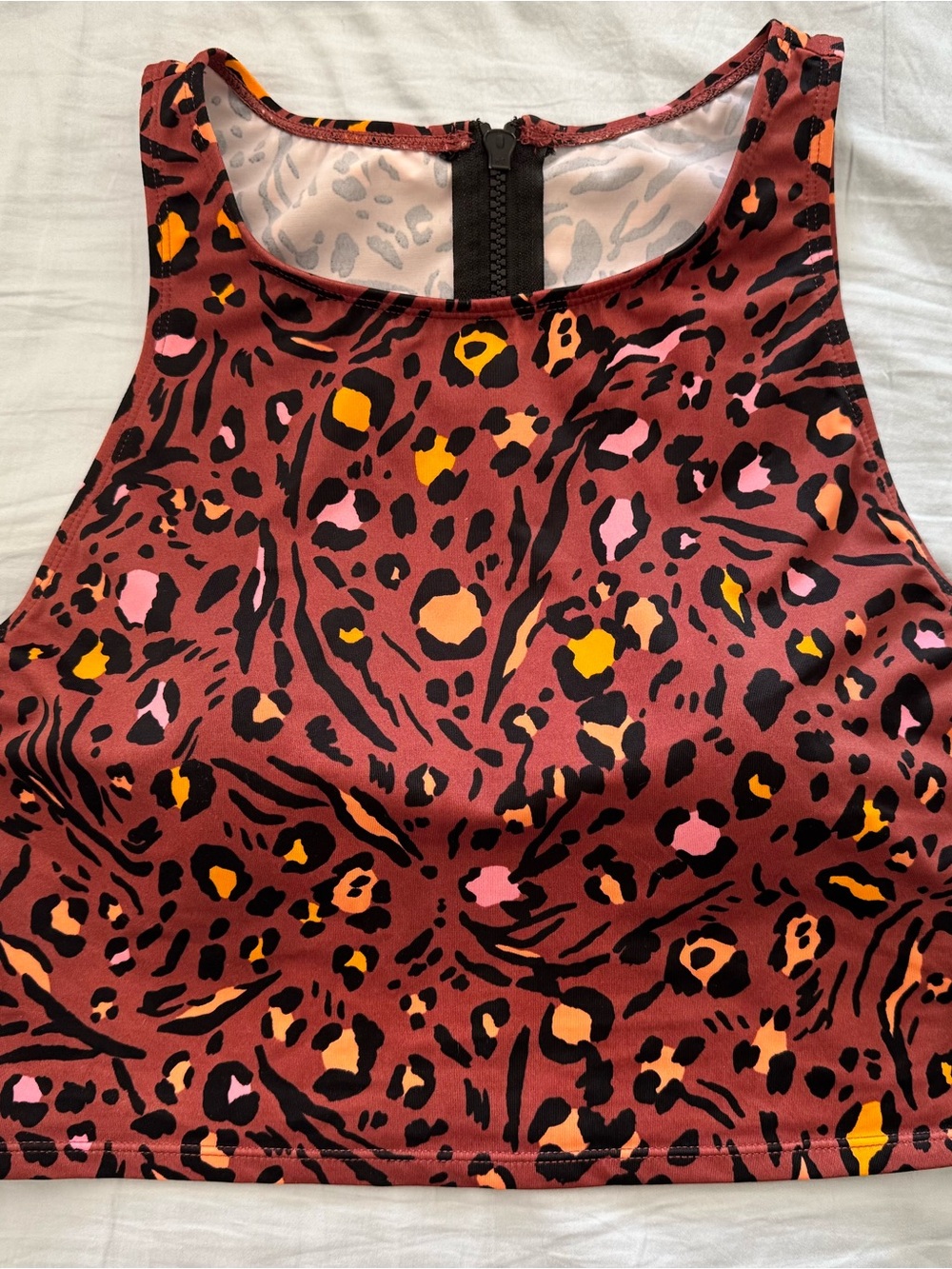 Beach Betty Athletic Swim Top Women's Animal Print High Neck Zip Back Size L